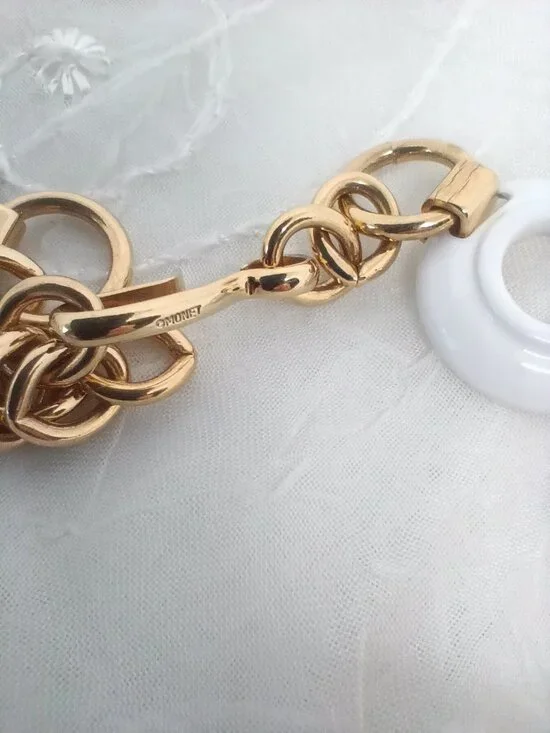 Vintage Monet White Enamel Rings Chain Choker Gold Tone Necklace 16" - Picture 5 of 6